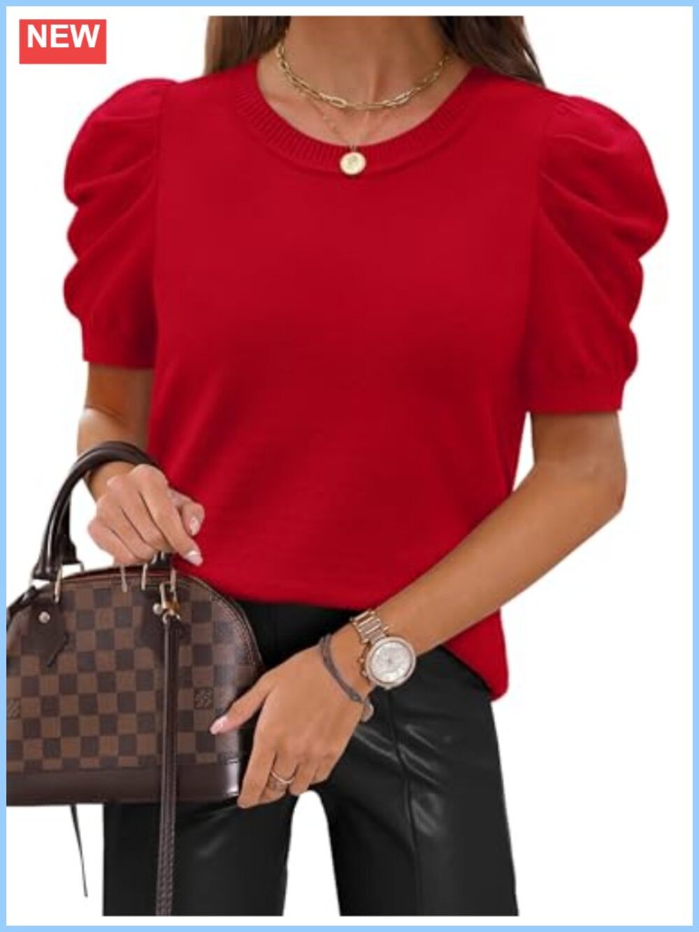 Sampeel Short Puff Sleeve Knit Sweater Crewneck Top